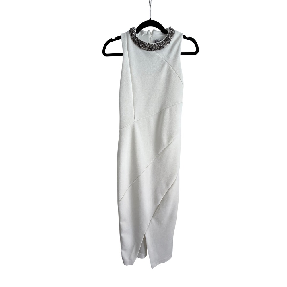 Jennifer Lopez White Embellished Neck Tulip Sheath Midi Dress Sleeveless Size 2 - Picture 2 of 9